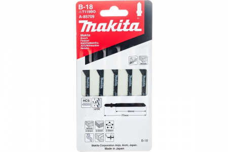 Makita A-85709 Пилки для лобзика (T119BO/B-18, 44мм, шаг зуба 1,8мм, 5шт, для криволинейного реза дерева и синтет. материалов)