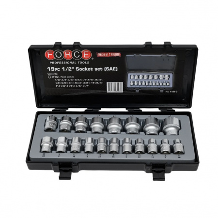 FORCE Набор головок 1/2" 5/16"-1-1/4" 12-гранных 19 предметов в кейсе 