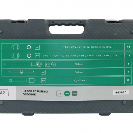 GARWIN PRO Набор торцевых головок 3/4", дюймовые 3/4"-2", метрические 19-50 мм, 27 предметов