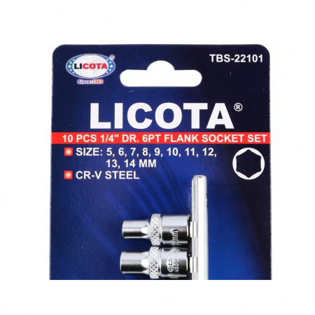 Licota Набор торцевых головок 1/4" 6-ти гранных, 5-14 мм, 10 предметов на линейке