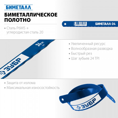 ЗУБР Профессионал Биметаллическое полотно по металлу, Биметалл-24, 24 TPI