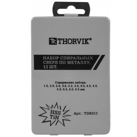 Thorvik Набор спиральных сверл по металлу HSS TiN в металлическом кейсе, d1.5-6.5 мм, 13 предметов