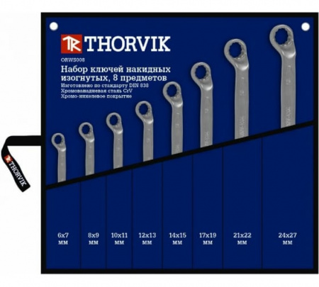 Thorvik Набор ключей гаечных накидных изогнутых 75° в сумке, 6-27 мм, 8 предметов